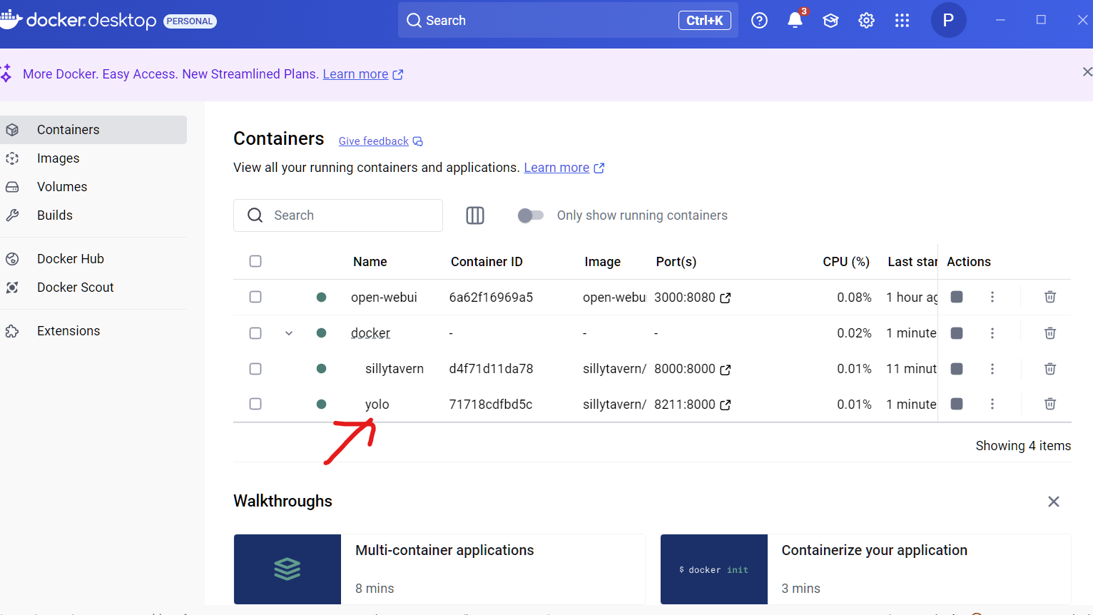 截图位置：Docker Desktop 界面，标注容器位置