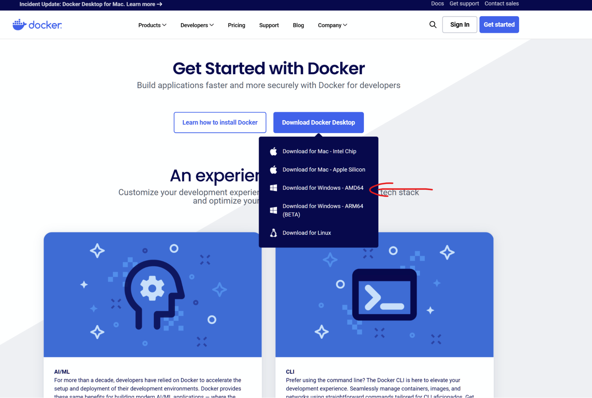 截图位置：Docker 网站主页，标注下载按钮位置